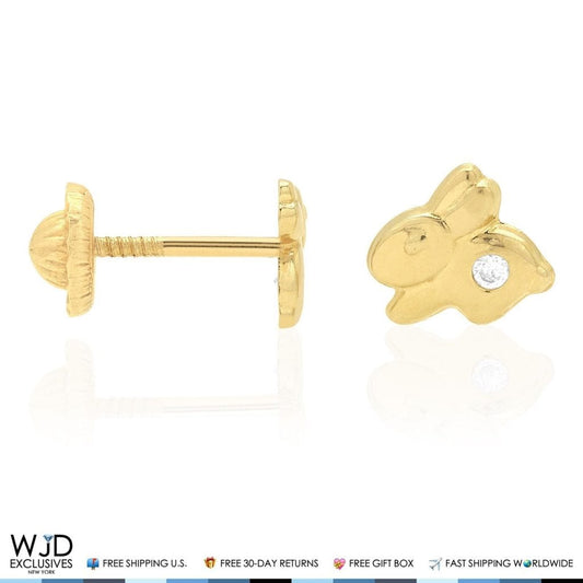 14K Solid Yellow Gold White Zircon Rabbit Baby Screw Back Stud Kid Earrings