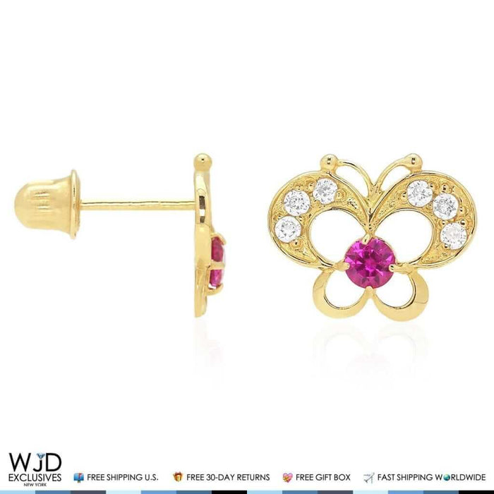 14k Yellow Gold Pave Birthstone Butterfly Screw Back Stud Kid Earrings