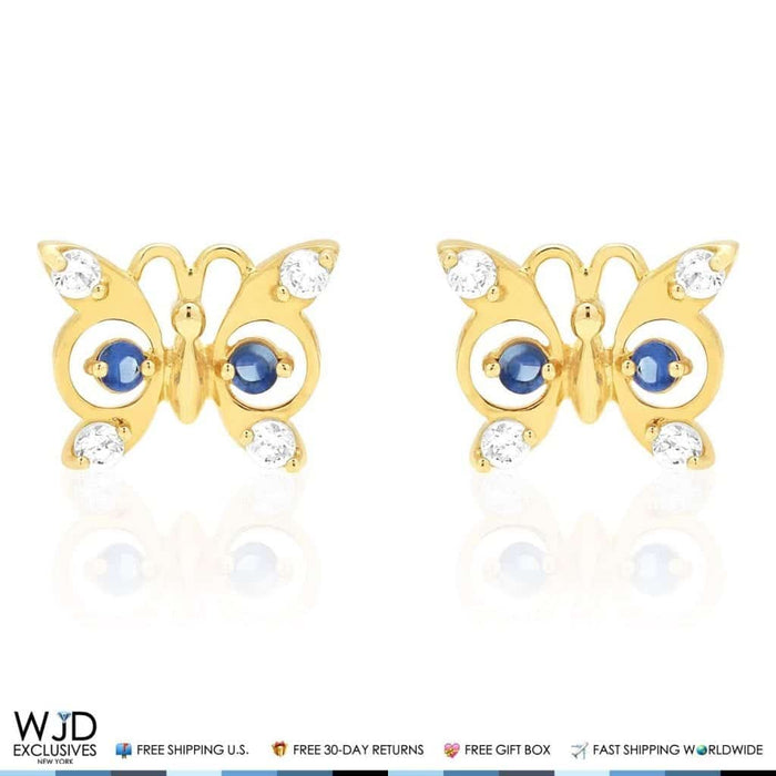 14K Yellow Gold White Zircon & Birthstone Butterfly Screw Back Stud Earrings