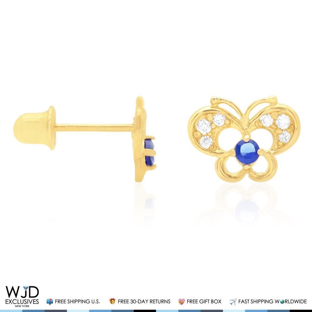 14k Yellow Gold Pave Birthstone Butterfly Screw Back Stud Kid Earrings