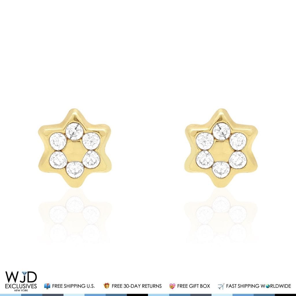 14K Solid Yellow Gold White Zircon Star Of David Screwback Stud Kids Earrings