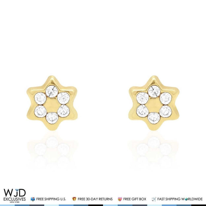14K Yellow Gold White Zircon Star Of David Screw Back Stud Kids Earrings