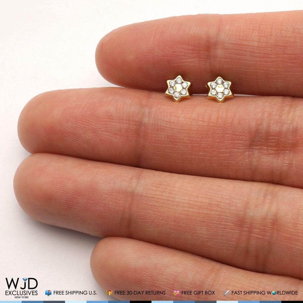 14K Solid Yellow Gold White Zircon Star Of David Screwback Stud Kids Earrings