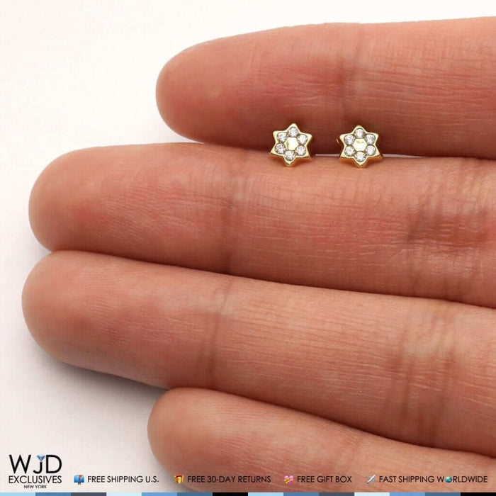 14K Yellow Gold White Zircon Star Of David Screw Back Stud Kids Earrings