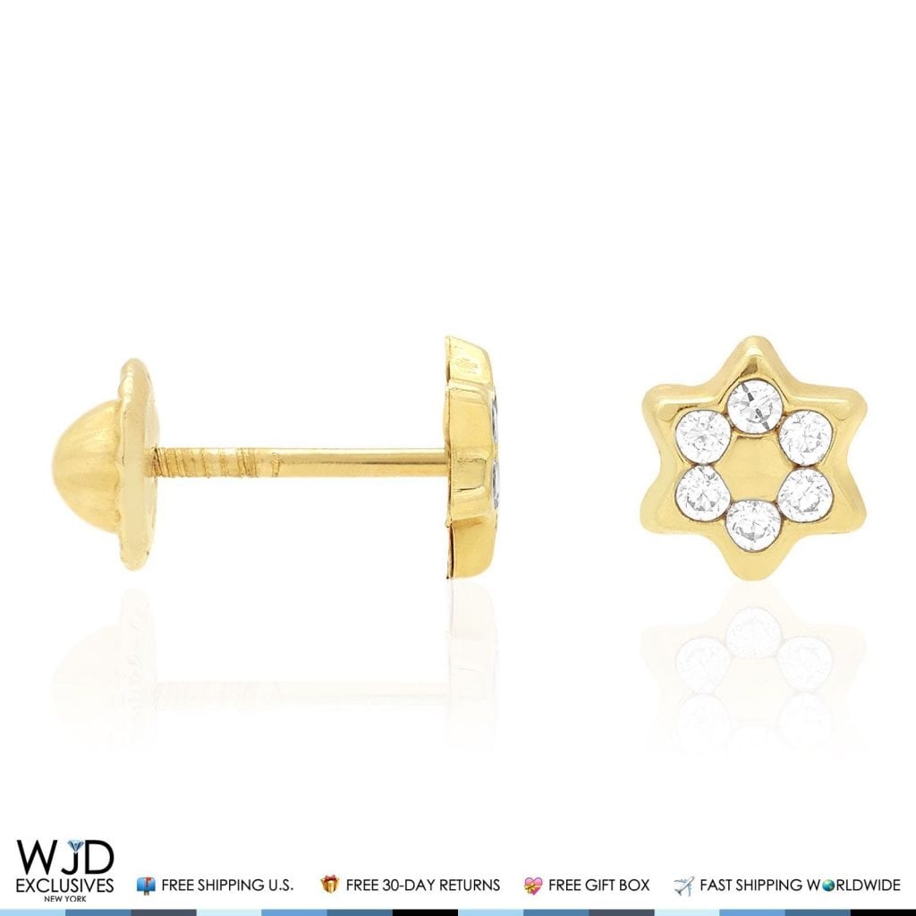 14K Solid Yellow Gold White Zircon Star Of David Screwback Stud Kids Earrings
