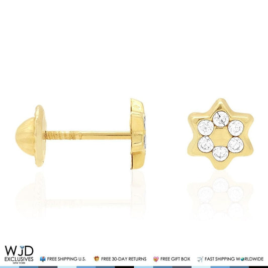 14K Solid Yellow Gold White Zircon Star Of David Screwback Stud Kids Earrings