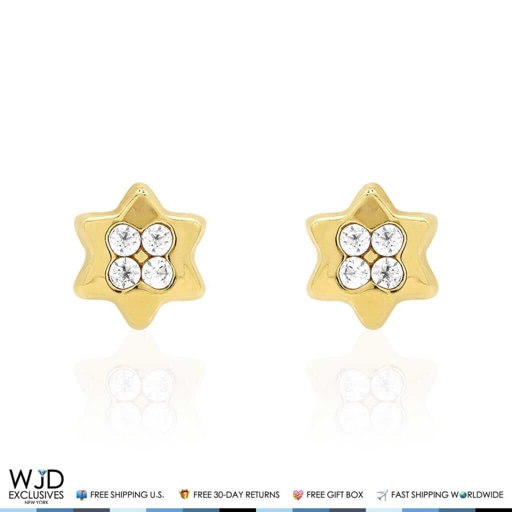14K Yellow Gold White Zircon Star Of David Screw Back Stud Kids Earrings
