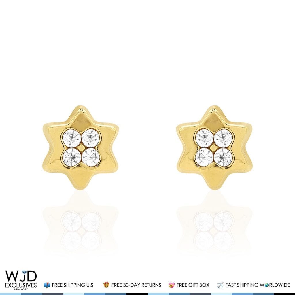 14K Solid Yellow Gold White Zircon Star Of David Screwback Stud Kids Earrings