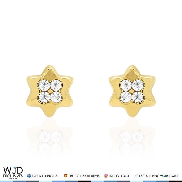 14K Yellow Gold White Zircon Star Of David Screw Back Stud Kids Earrings