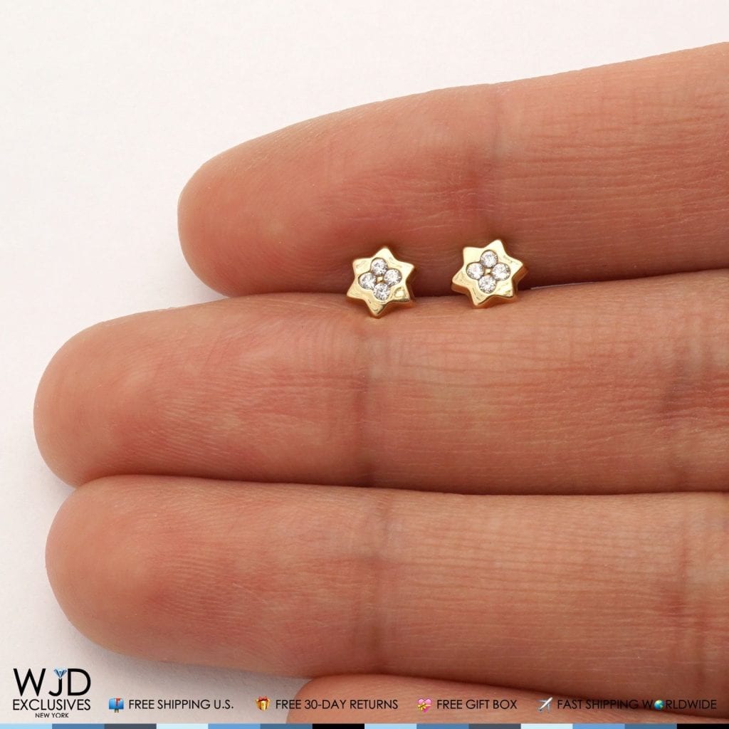 14K Solid Yellow Gold White Zircon Star Of David Screwback Stud Kids Earrings