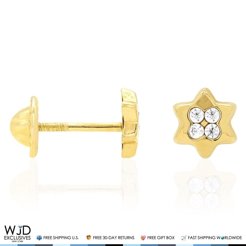 14K Solid Yellow Gold White Zircon Star Of David Screwback Stud Kids Earrings