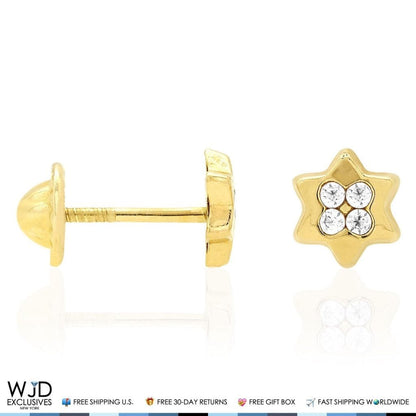 14K Solid Yellow Gold White Zircon Star Of David Screwback Stud Kids Earrings