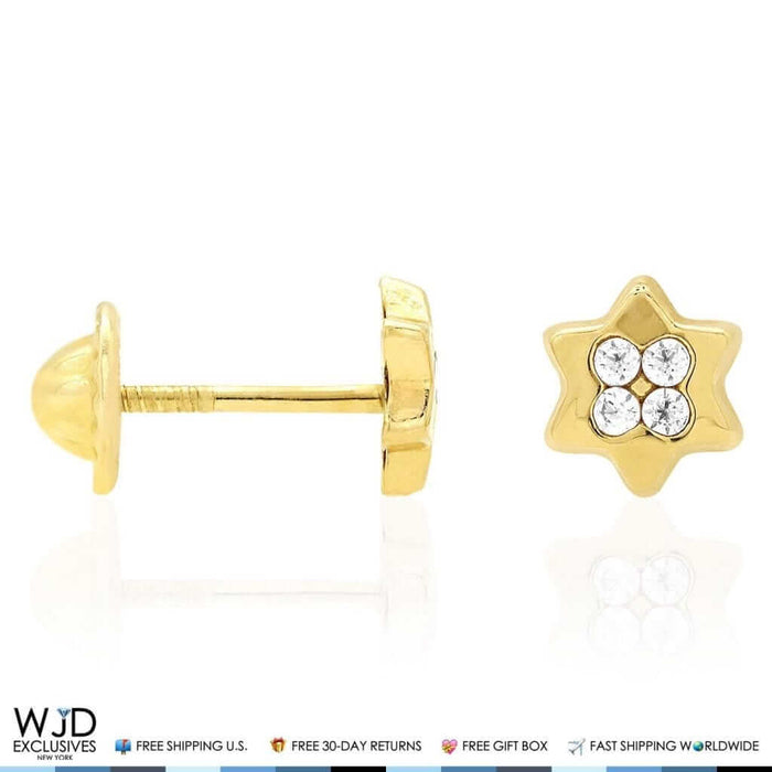 14K Yellow Gold White Zircon Star Of David Screw Back Stud Kids Earrings