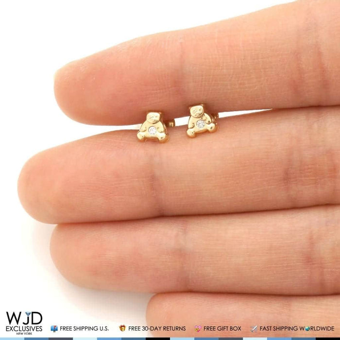 14K Yellow Gold White Zircon Teddy Bear Baby Screw Back Stud Kid Earrings