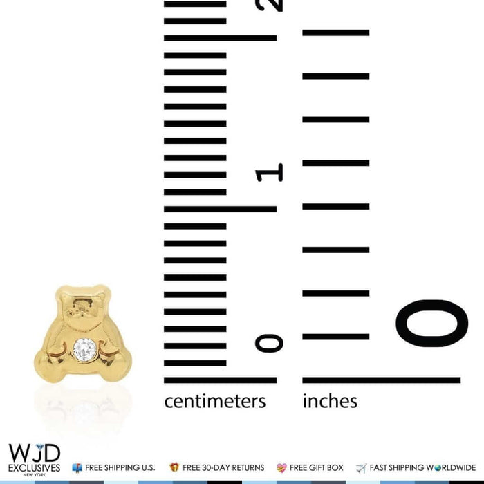 14K Yellow Gold White Zircon Teddy Bear Baby Screw Back Stud Kid Earrings