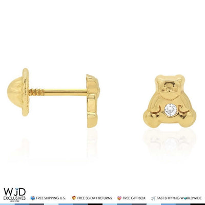 14K Yellow Gold White Zircon Teddy Bear Baby Screw Back Stud Kid Earrings
