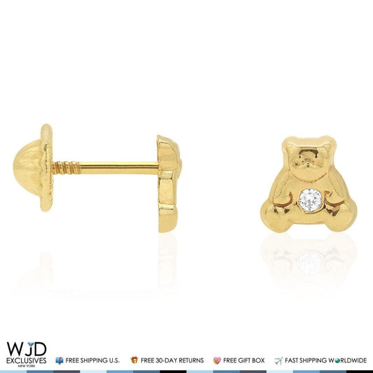 14K Solid Yellow Gold White Zircon Teddy Bear Baby Screwback Stud Kid Earrings