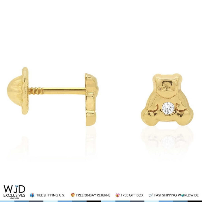 14K Yellow Gold White Zircon Teddy Bear Baby Screw Back Stud Kid Earrings