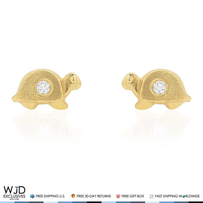 14K Yellow Gold White Zircon Turtle Baby Screw Back Stud Kid Earrings