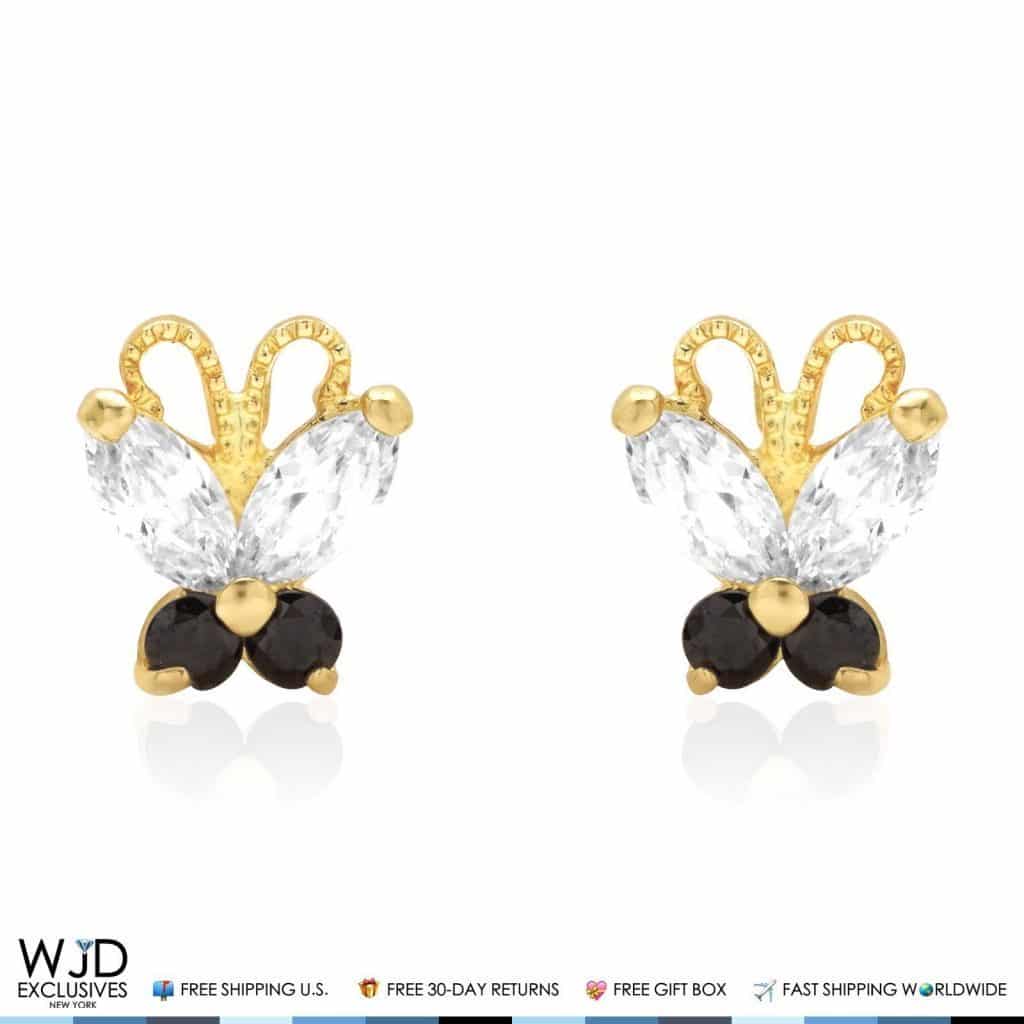 14K Yellow Gold Zircon & Butterfly Baby Screw Back Stud Kids Earrings
