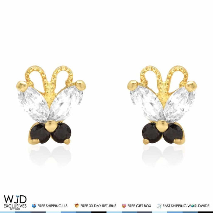 14K Yellow Gold Zircon & Butterfly Baby Screw Back Stud Kids Earrings