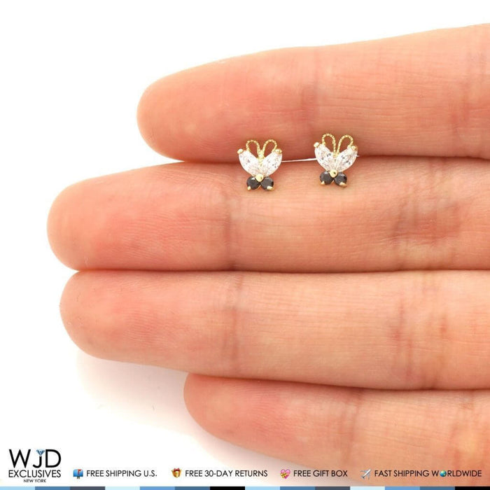 14K Yellow Gold Zircon & Butterfly Baby Screw Back Stud Kids Earrings