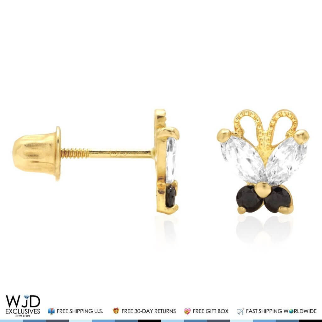 14K Yellow Gold Zircon & Butterfly Baby Screw Back Stud Kids Earrings