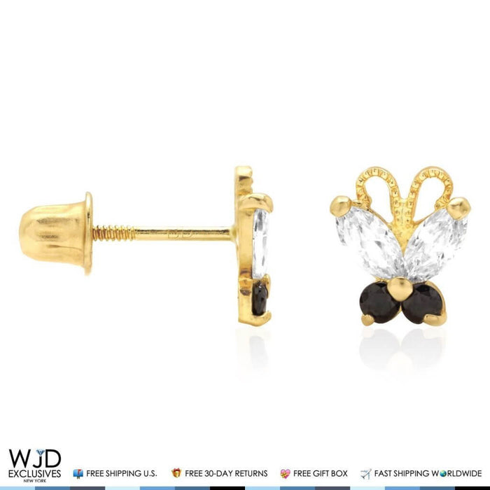 14K Yellow Gold Zircon & Butterfly Baby Screw Back Stud Kids Earrings