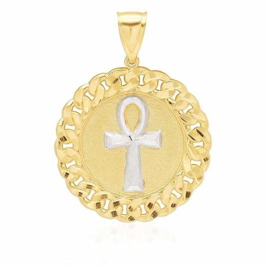 10K Solid Yellow and White Gold Egyptian Ankh Religious Charm Circle Pendant 2"
