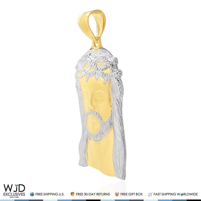 14K Solid Yellow and White Gold Jesus Face Head Religious Pendant 2.2"