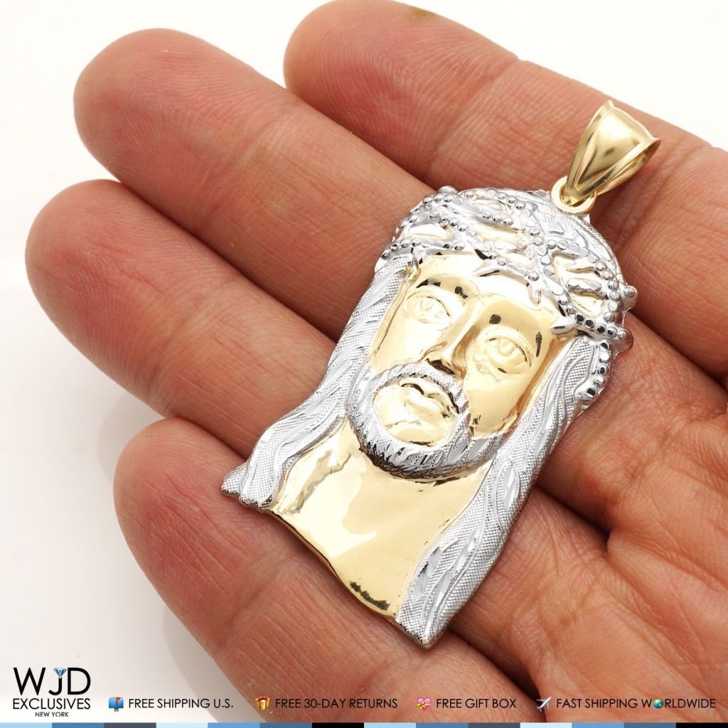 14K Solid Yellow and White Gold Jesus Face Head Religious Charm Pendant 2.2"