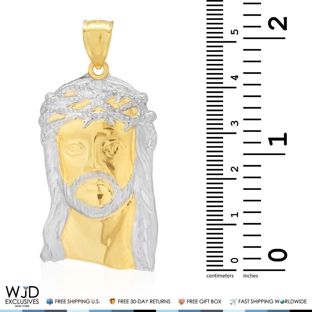 14K Solid Yellow and White Gold Jesus Face Head Religious Charm Pendant 2.2"