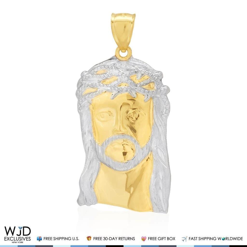 14K Solid Yellow and White Gold Jesus Face Head Religious Charm Pendant 2.2"