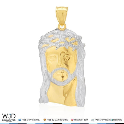 14K Solid Yellow and White Gold Jesus Face Head Religious Charm Pendant 2.2"