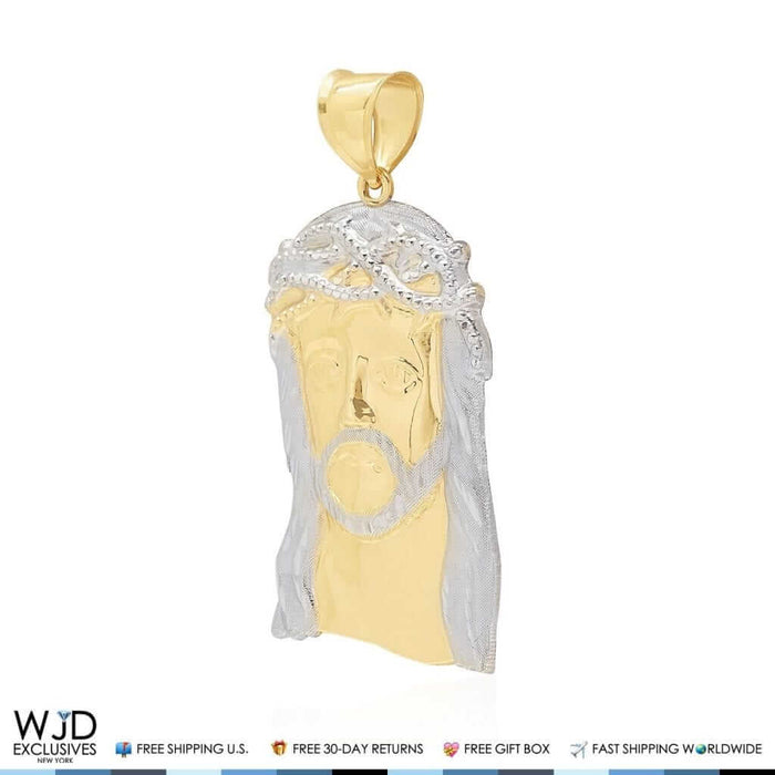 14K Solid Yellow and White Gold Jesus Face Head Religious Pendant 2.5"