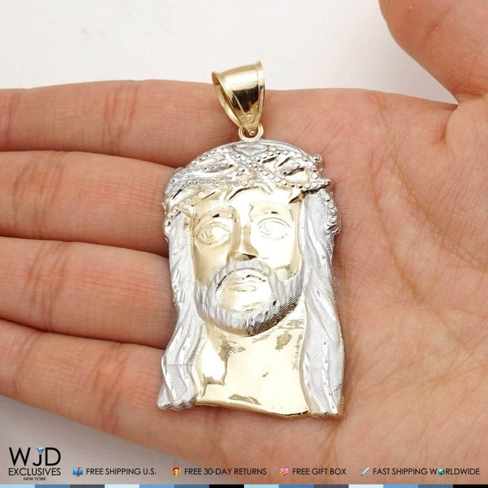 14K Solid Yellow and White Gold Jesus Face Head Religious Pendant 2.5"