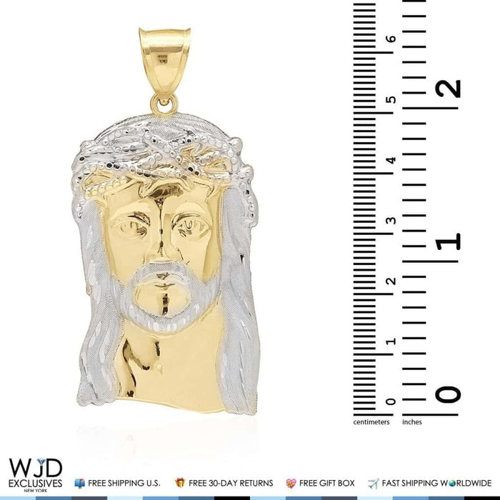 14K Solid Yellow and White Gold Jesus Face Head Religious Pendant 2.5"