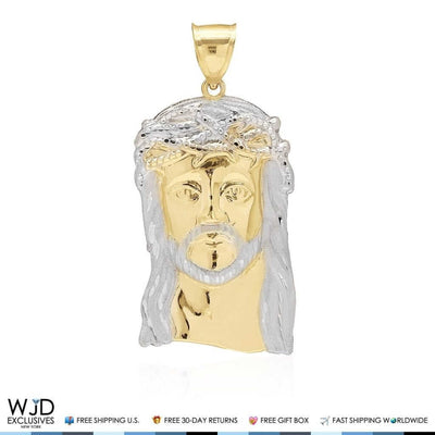 14K Solid Yellow and White Gold Jesus Face Head Religious Pendant 2.5"