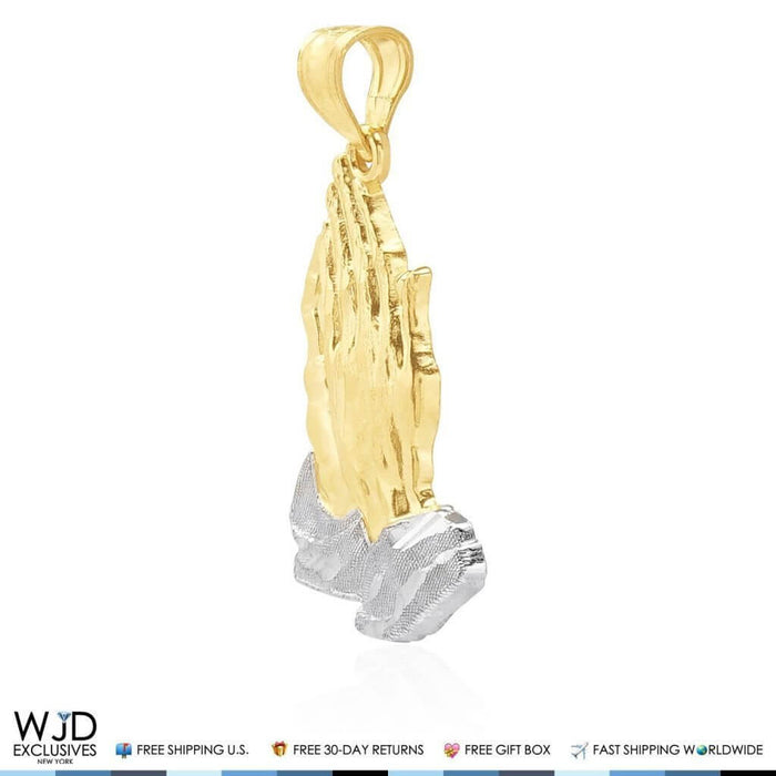 14K Solid Yellow and White Gold Praying Hands Religious Pendant 1.2"