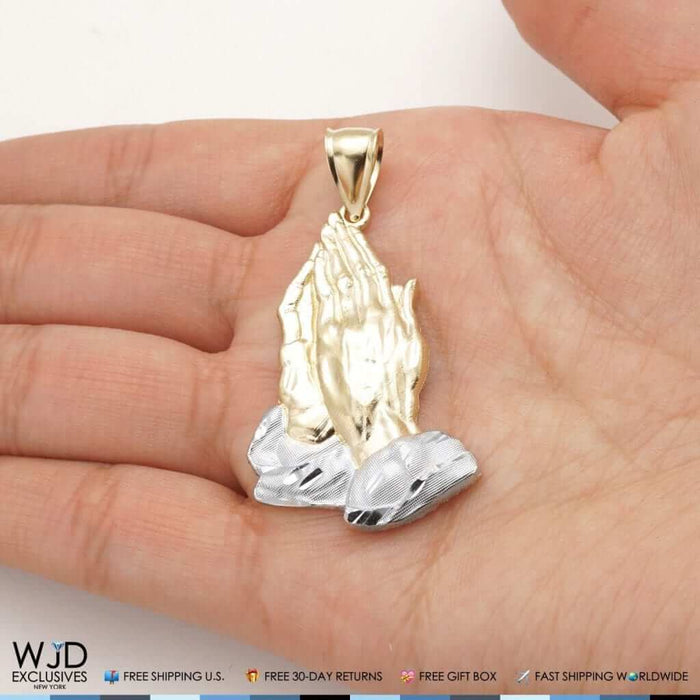 10K Yellow and White Gold Praying Hands Religious Pendant 2"