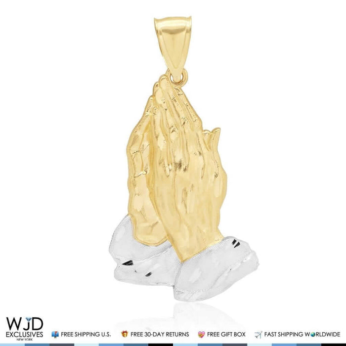 10K Yellow and White Gold Praying Hands Religious Pendant 2"