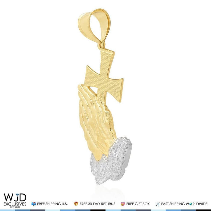 14K Solid Yellow and White Gold Praying Hands With Cross Religious Pendant