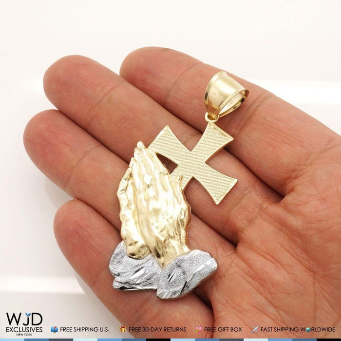 14K Solid Yellow and White Gold Praying Hands With Cross Religious Pendant
