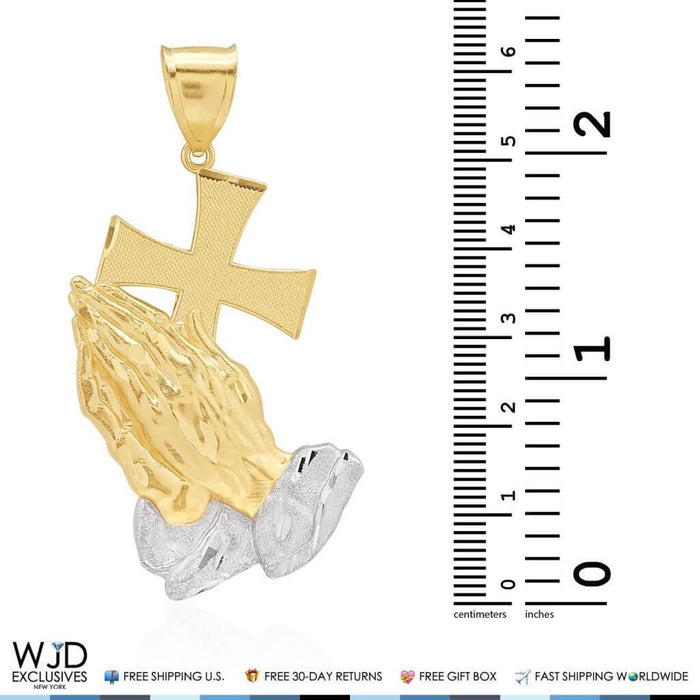 14K Solid Yellow and White Gold Praying Hands With Cross Religious Pendant