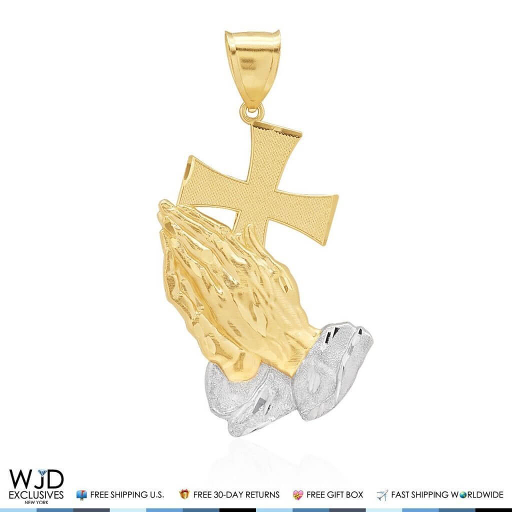 14K Solid Yellow and White Gold Praying Hands With Cross Religious Pendant