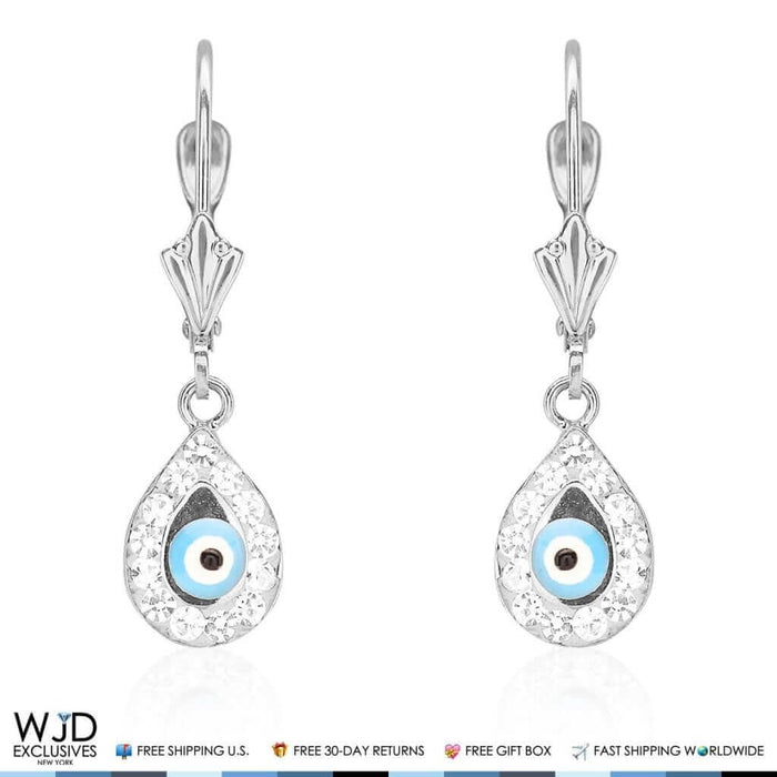 14K White Gold CZ Blue Evil Eye Teardrop Leverback Earrings