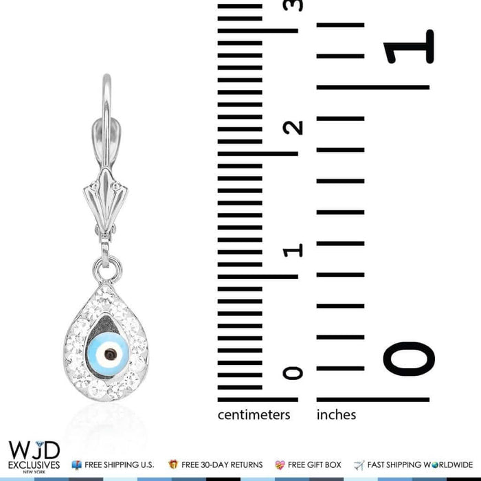 14K White Gold CZ Blue Evil Eye Teardrop Leverback Earrings