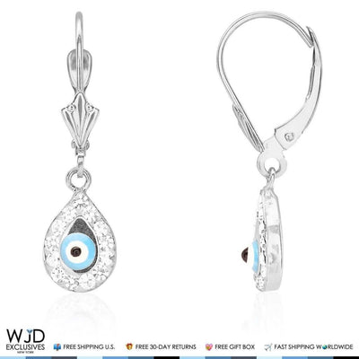 14K White Gold CZ Blue Evil Eye Teardrop Leverback Earrings