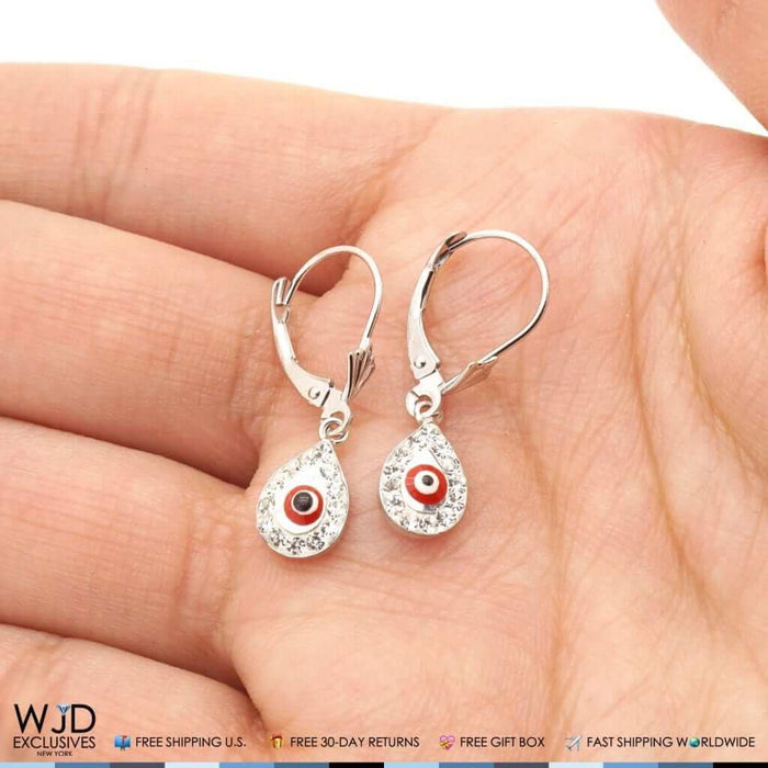 14K White Gold CZ Red Evil Eye TearDrop Dangle Leverback Earrings