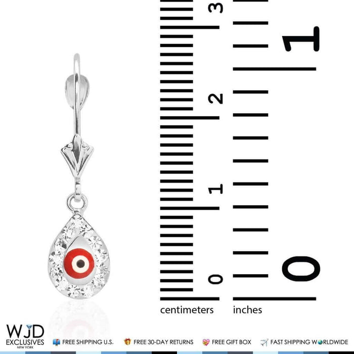 14K White Gold CZ Red Evil Eye TearDrop Dangle Leverback Earrings